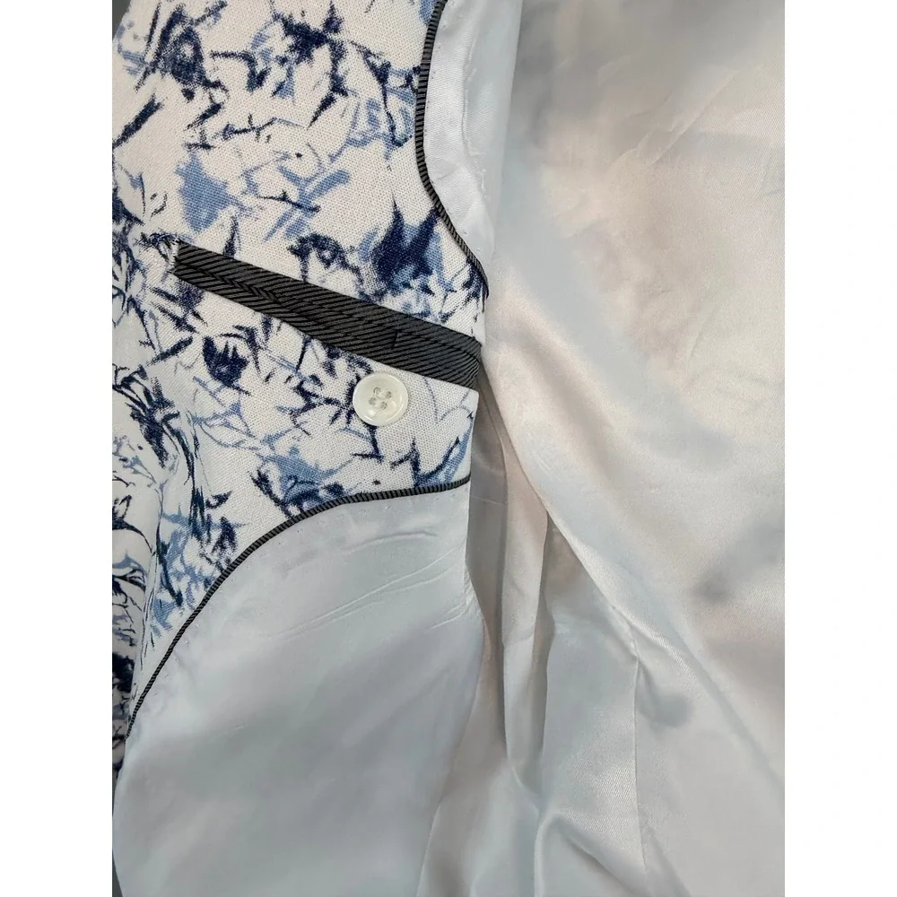 Cielo Mens 36R Blue White Abstract Marble Print Linen Blend Blazer Jacket modern